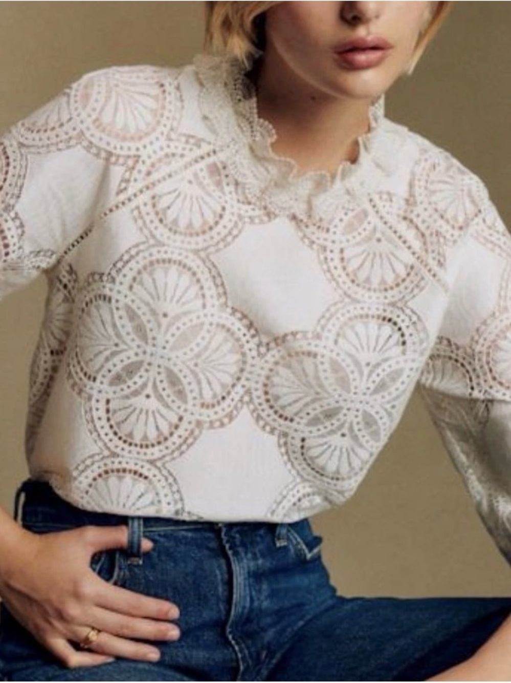 Sézane Bianca Guipure Lace Cotton 3/4 Sleeve Off White Blouse - Sz 36 - EUC $130